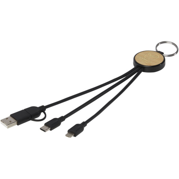 Tecta 6-in-1 recycled plastic/bamboo charging cable with keyring – Solid black with logo