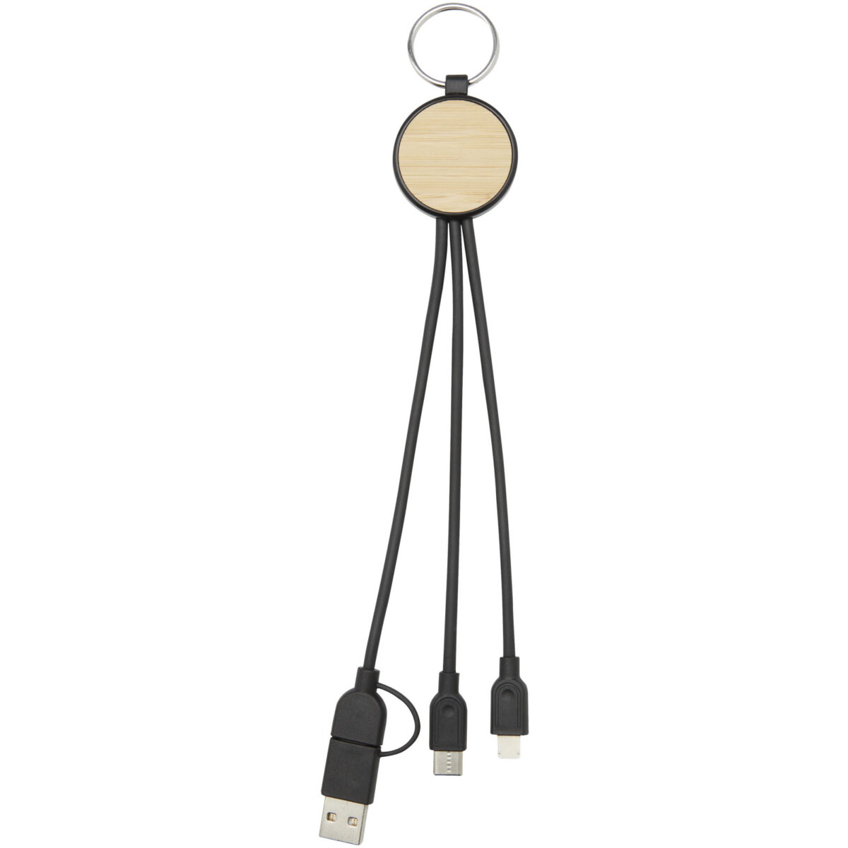 Tecta 6-in-1 recycled plastic/bamboo charging cable with keyring – Solid black front view