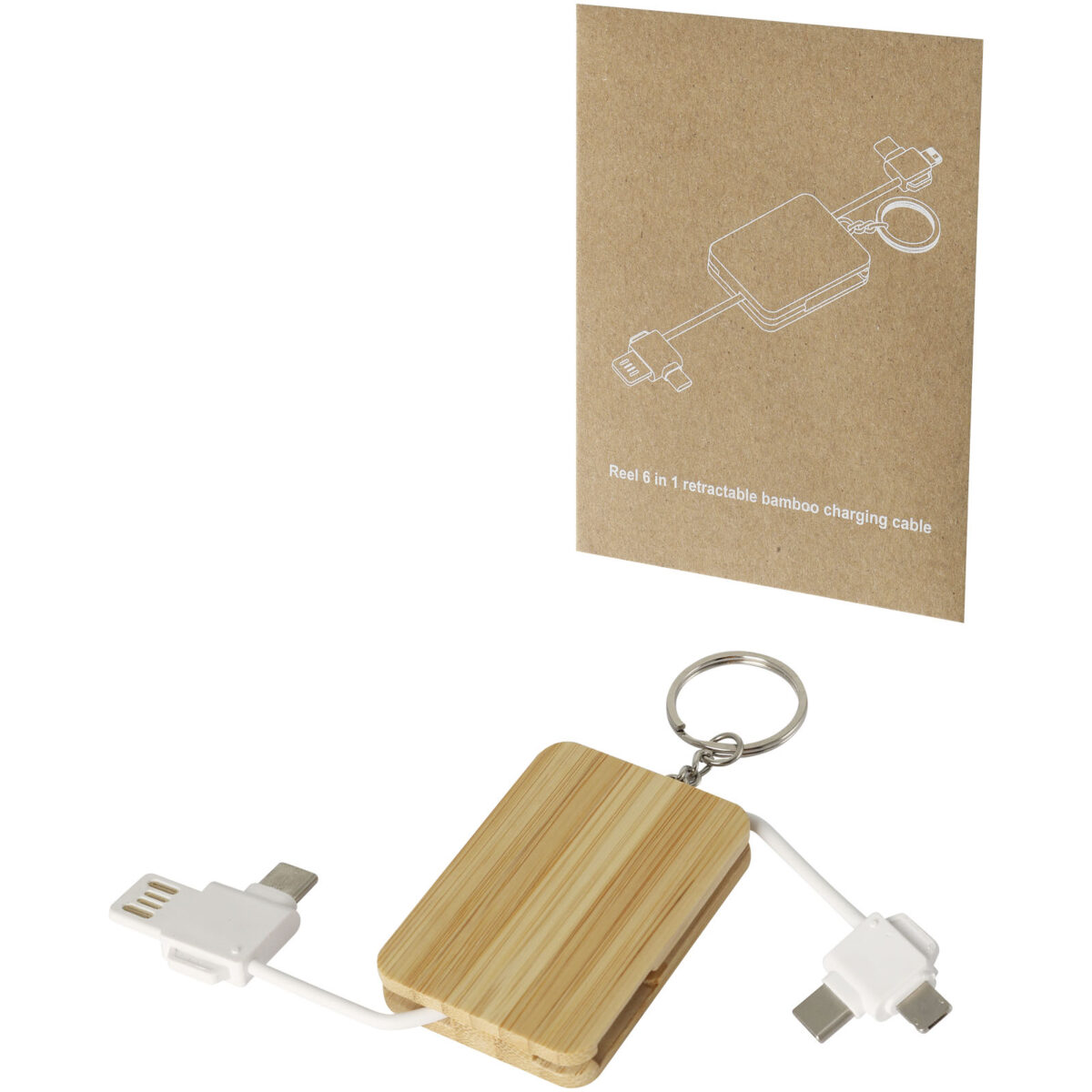 Reel 6-in-1 retractable bamboo key ring charging cable – Natural extra view
