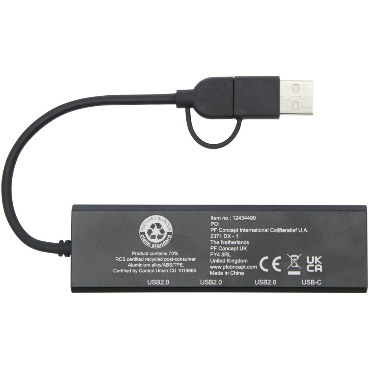 Rise RCS recycled aluminium USB 2.0 hub – Solid black back view