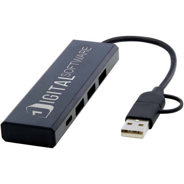 Rise RCS recycled aluminium USB 2.0 hub – Solid black with logo