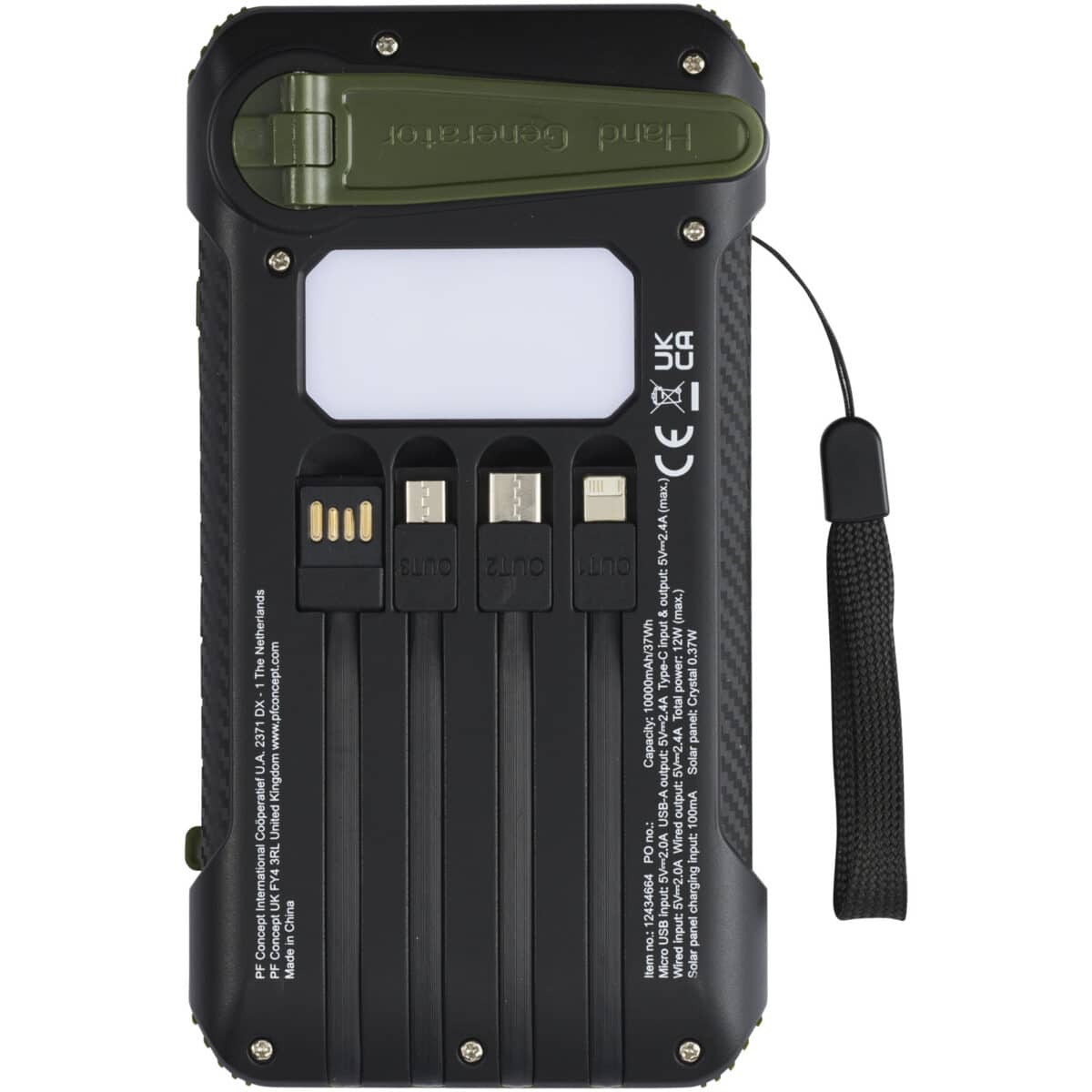 Soldy 10.000 mAh RCS recycled plastic solar dynamo power bank – Army green back view