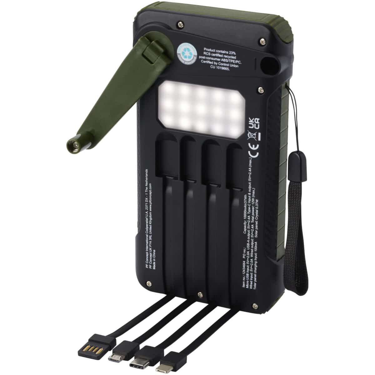 Soldy 10.000 mAh RCS recycled plastic solar dynamo power bank – Army green extra view
