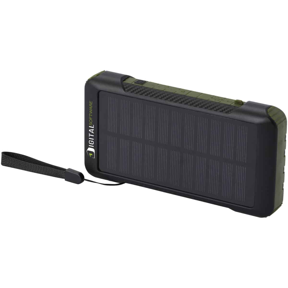 Soldy 10.000 mAh RCS recycled plastic solar dynamo power bank – Army green with logo