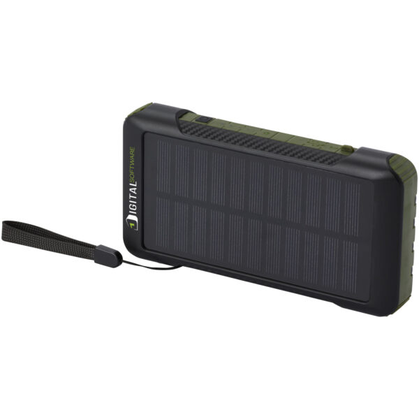 Soldy 10.000 mAh RCS recycled plastic solar dynamo power bank – Army green with logo