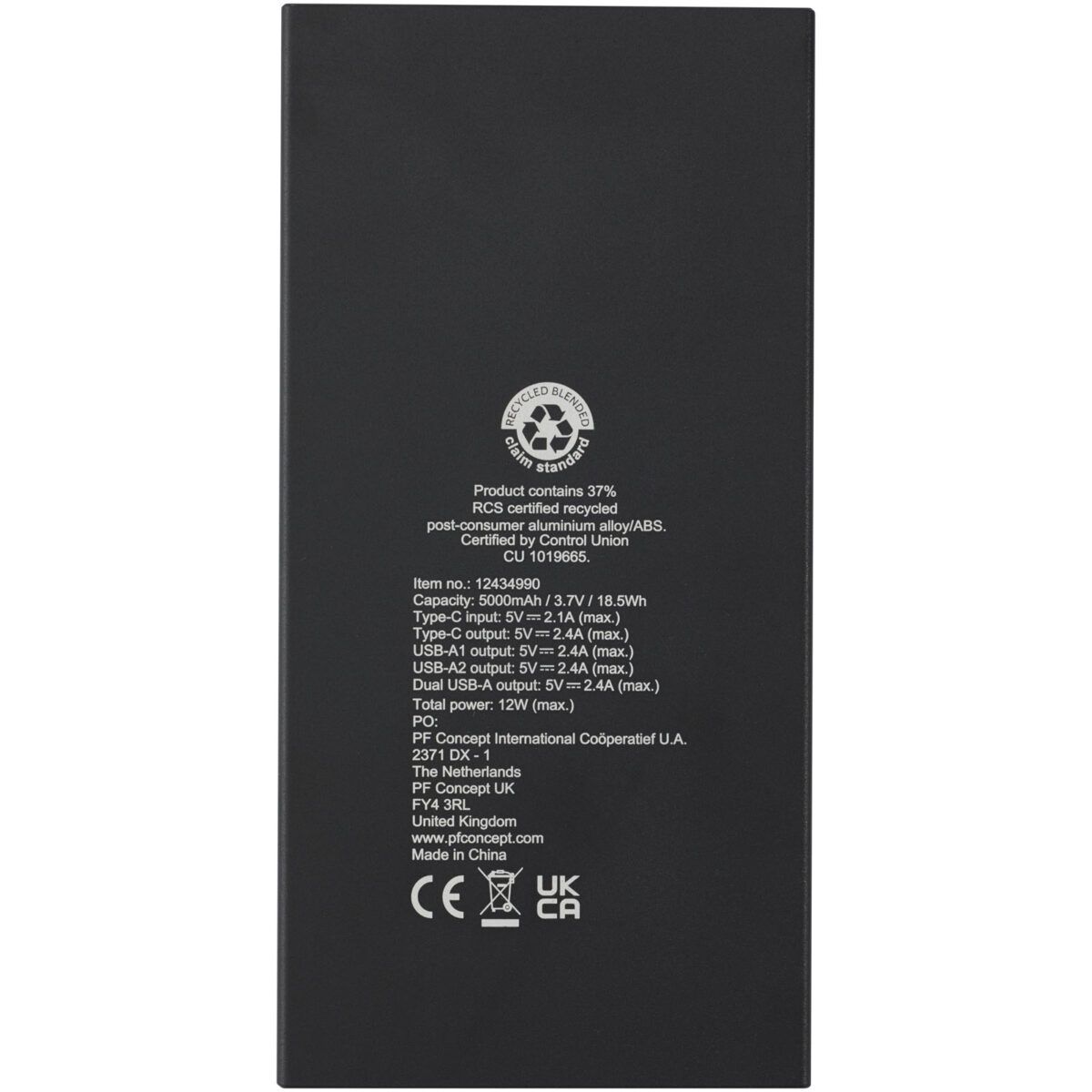 Connect 5000 mAh recycled aluminium power bank – Solid black back view