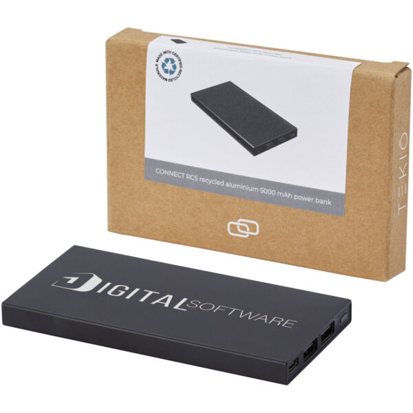 Connect 5000 mAh recycled aluminium power bank – Solid black with logo