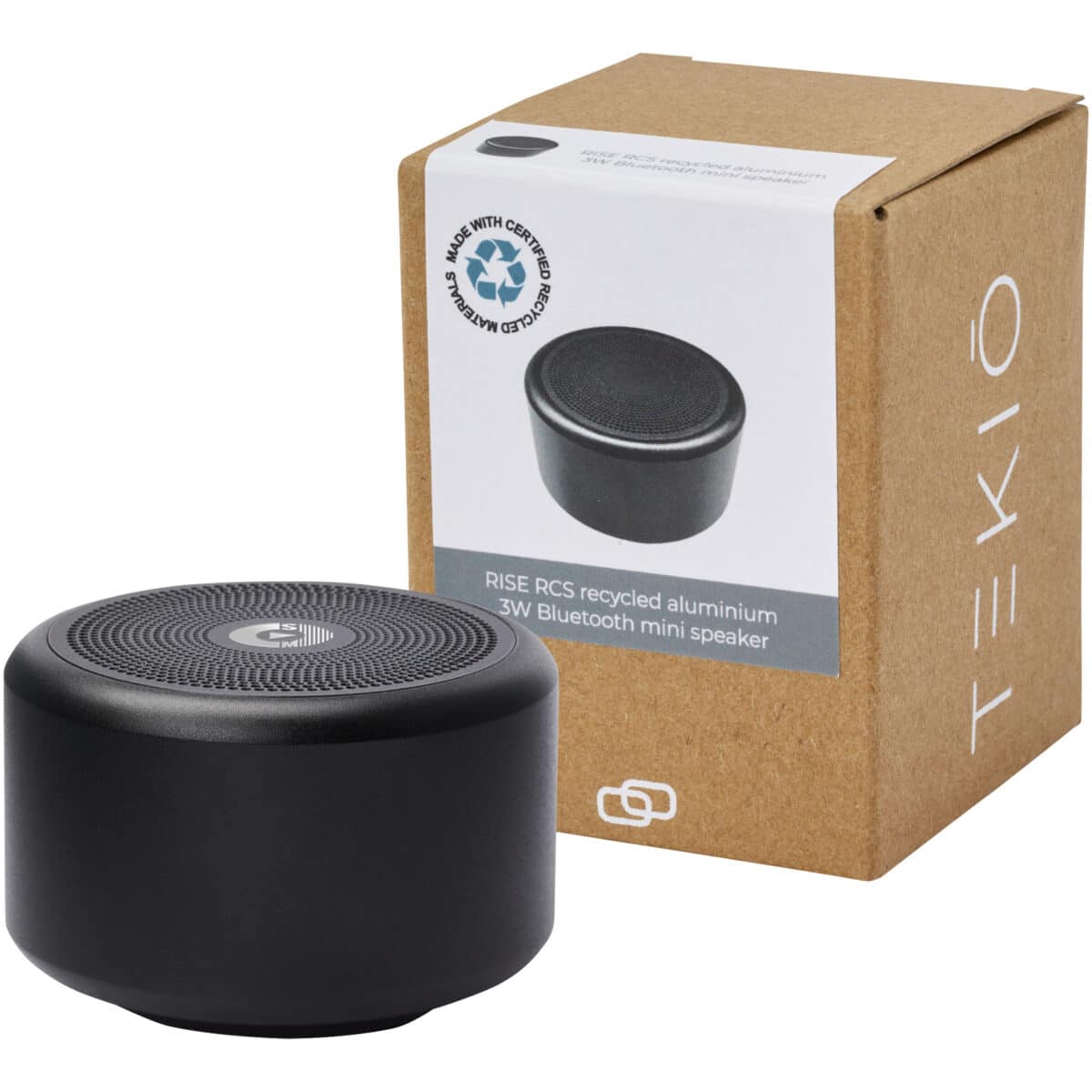 Rise 3W RCS recycled aluminium Bluetooth® mini speaker – Solid black with logo