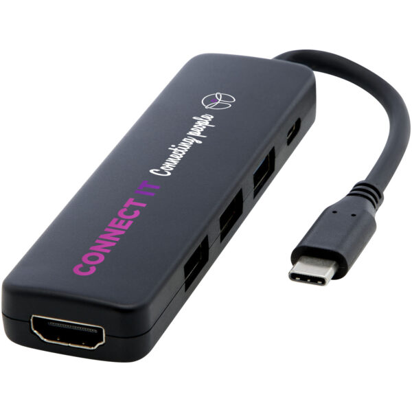 Loop RCS recycled plastic multimedia adapter USB 2.0-3.0 with HDMI port – Solid black with logo