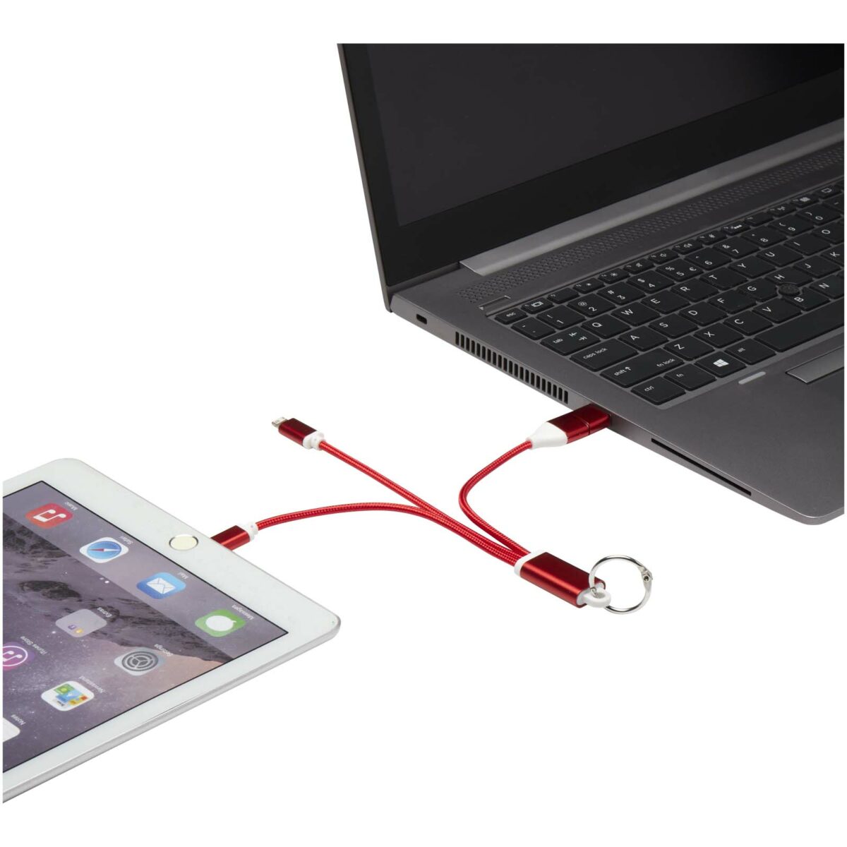 Metal 4-in-1 recycled aluminium charging cable with keychain – Red extra view