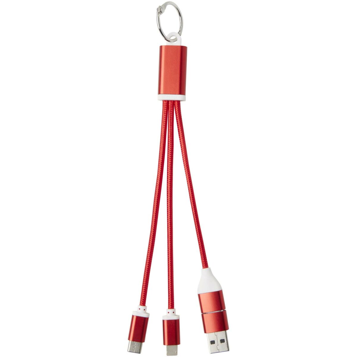 Metal 4-in-1 recycled aluminium charging cable with keychain – Red front view