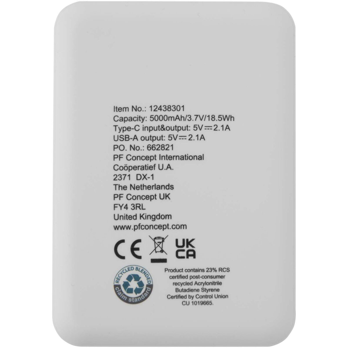 Asama 5000 mAh Type-C recycled plastic power bank – White back view