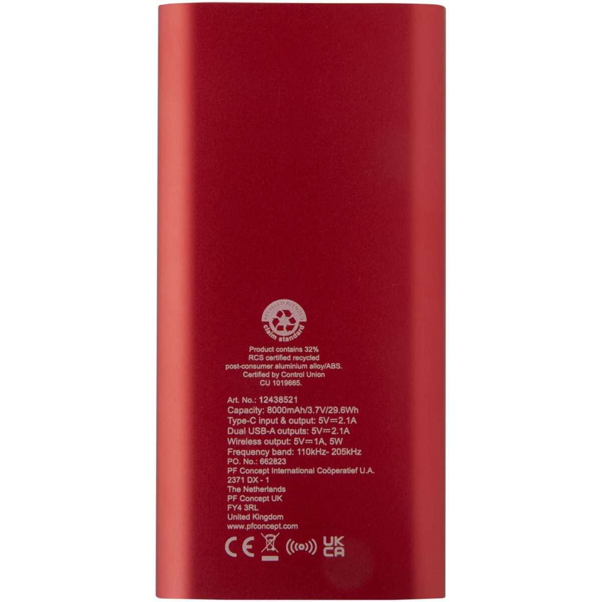 Juice 8000 mAh Type-C recycled aluminium wireless power bank – Red back view