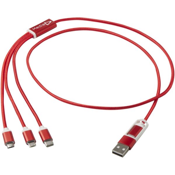 Versatile 5-1 recycled aluminium charging cable – Red with logo