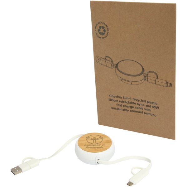 Chechia 5-in-1 recycled plastic 100 cm retractable data sync and 45W fast charge cable – White with logo