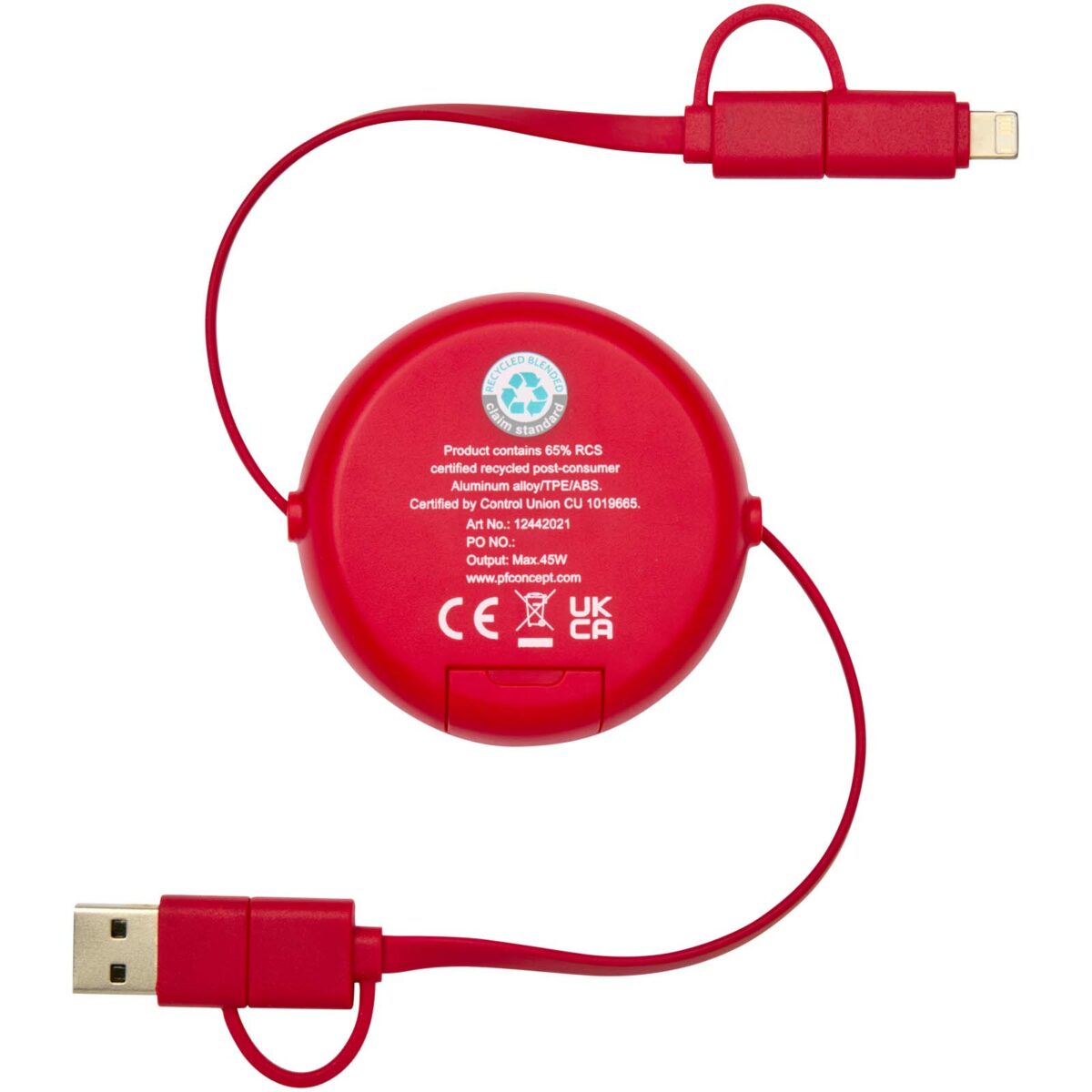Alasia 5-in-1 100 cm recycled plastic and aluminium retractable data sync and 45W fast charge cable – Red back view
