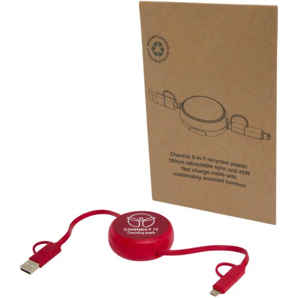 Alasia 5-in-1 100 cm recycled plastic and aluminium retractable data sync and 45W fast charge cable – Red with logo