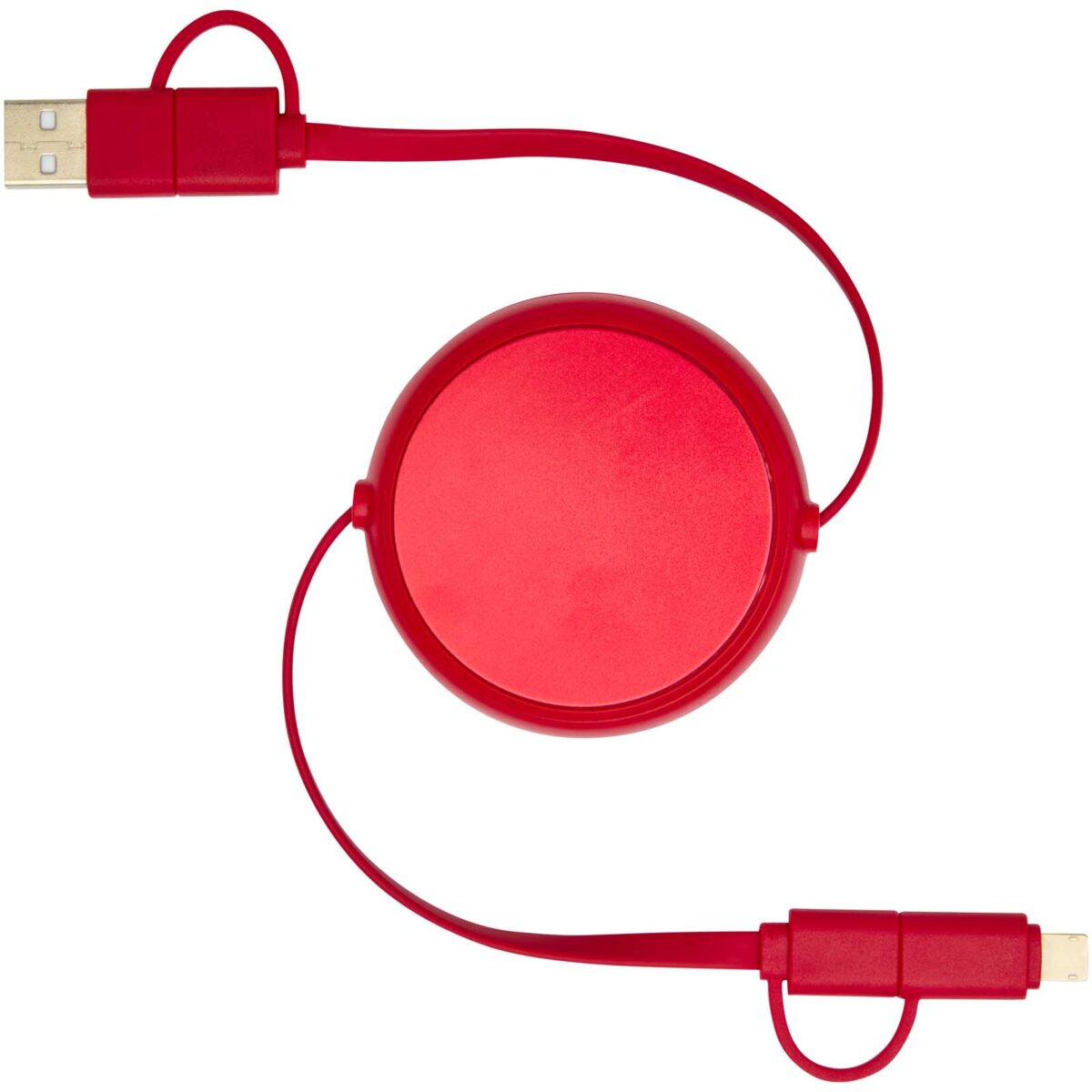 Alasia 5-in-1 100 cm recycled plastic and aluminium retractable data sync and 45W fast charge cable – Red front view