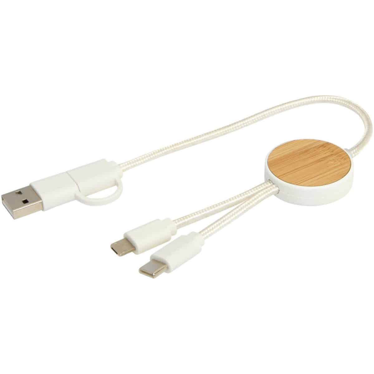 Chechia 5-in-1 recycled plastic 30 cm data sync and 27W fast charge cable with bamboo details – White extra view