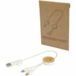 Chechia 5-in-1 recycled plastic 30 cm data sync and 27W fast charge cable with bamboo details – White with logo