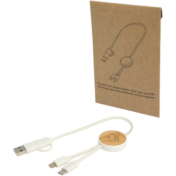 Chechia 5-in-1 recycled plastic 30 cm data sync and 27W fast charge cable with bamboo details – White with logo