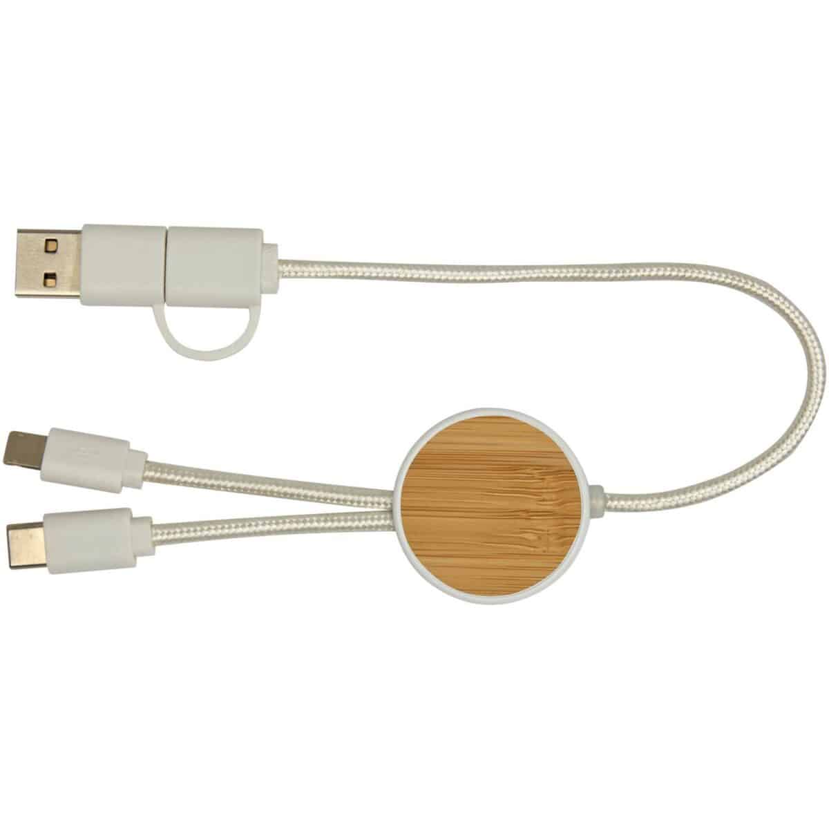 Chechia 5-in-1 recycled plastic 30 cm data sync and 27W fast charge cable with bamboo details – White front view