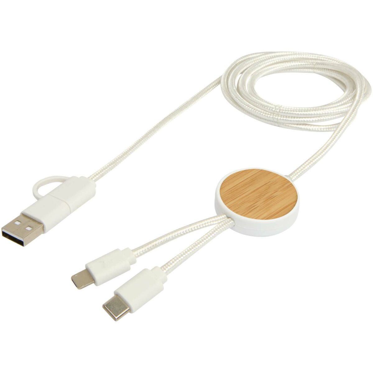 Chechia 5-in-1 recycled plastic 150 cm data sync and 27W fast charge cable with bamboo details – White extra view