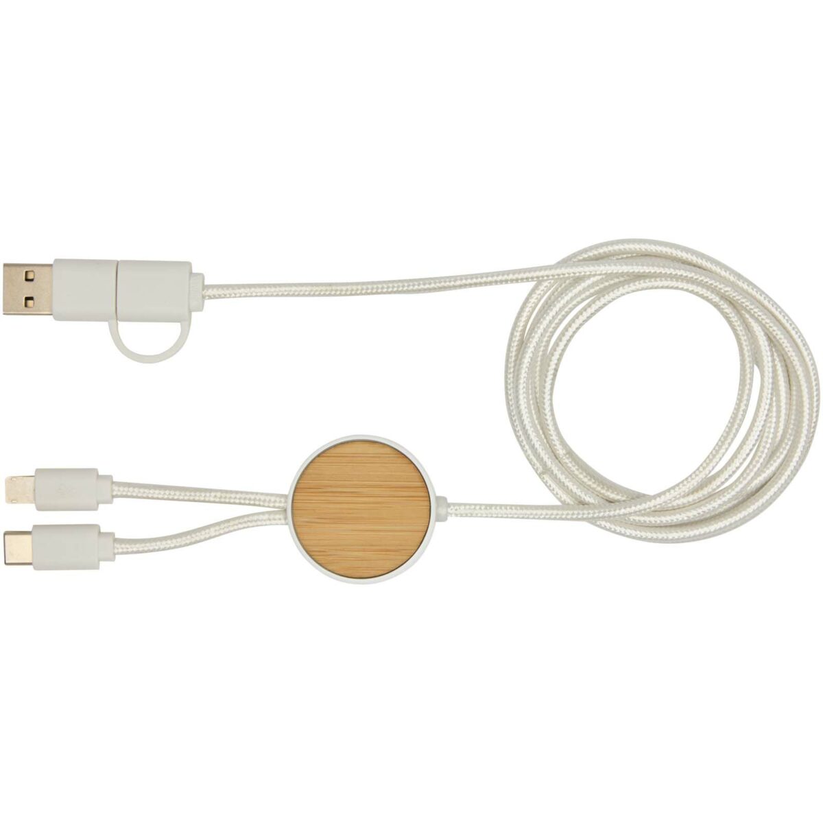 Chechia 5-in-1 recycled plastic 150 cm data sync and 27W fast charge cable with bamboo details – White front view