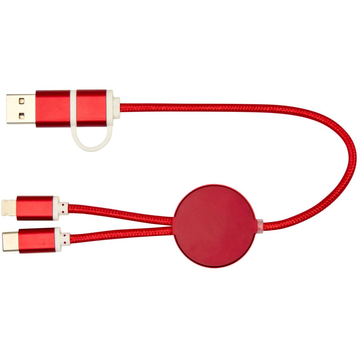 Alasia 5-in-1 recycled aluminium and plastic 30 cm data sync and 27W fast charge cable – Red back view