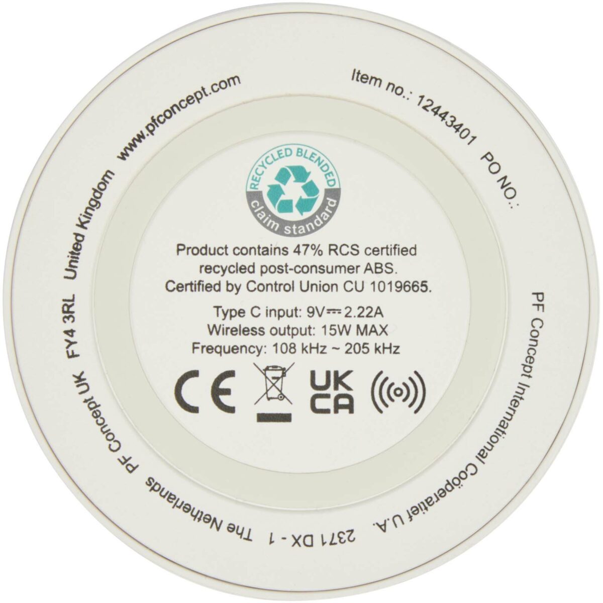 Freal 15W recycled plastic wireless charging pad – White back view