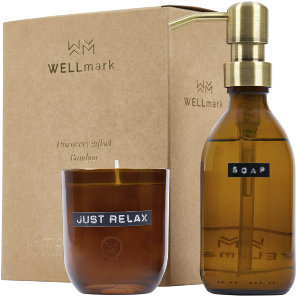 Wellmark Discovery 200 ml hand soap dispenser and 150 g scented candle set - bamboo fragrance – Amber heather with logo