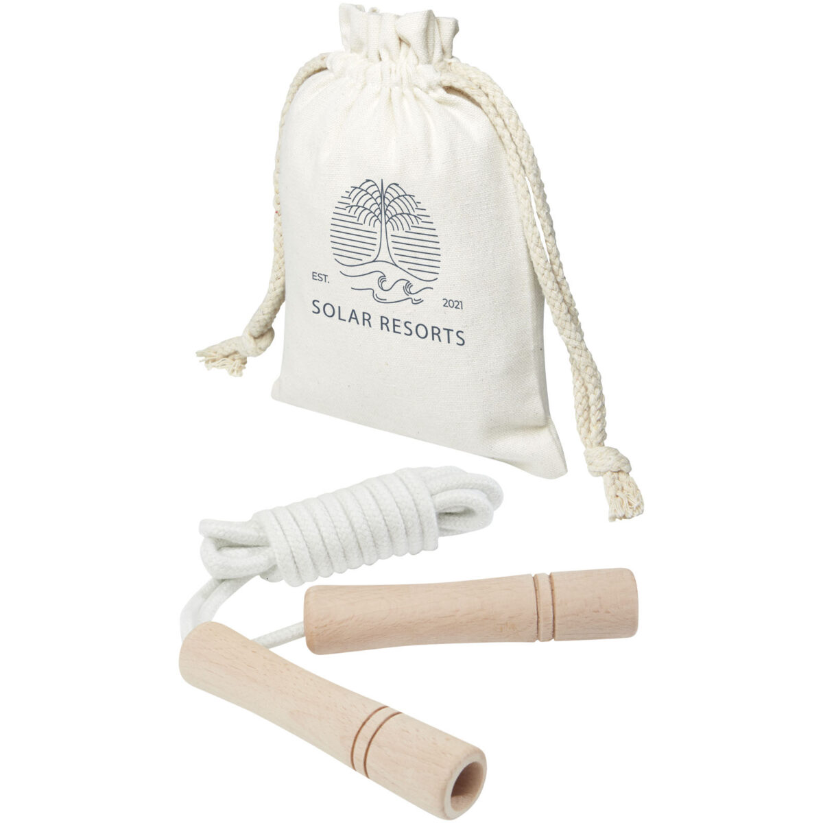 Denise wooden skipping rope in cotton pouch – Off white with logo