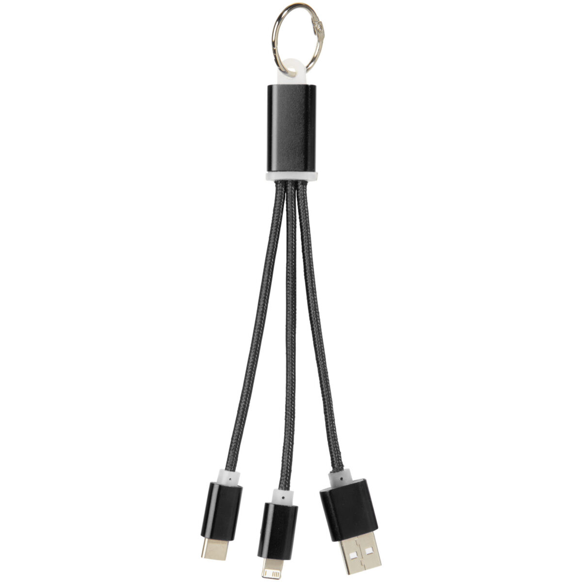 Metal 3-in-1 charging cable with keychain – Solid black front view