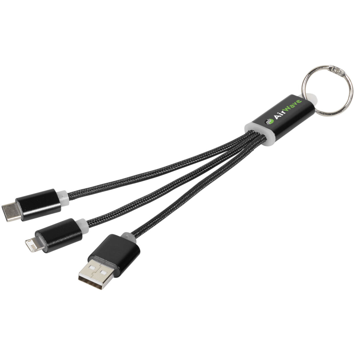 Metal 3-in-1 charging cable with keychain – Solid black with logo