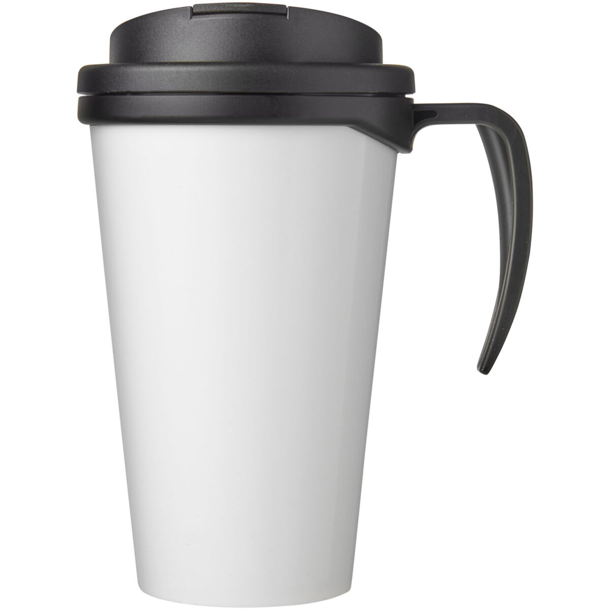 Brite-Americano® Grande 350 ml mug with spill-proof lid – Solid black front view