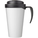 Brite-Americano® Grande 350 ml mug with spill-proof lid – Solid black front view