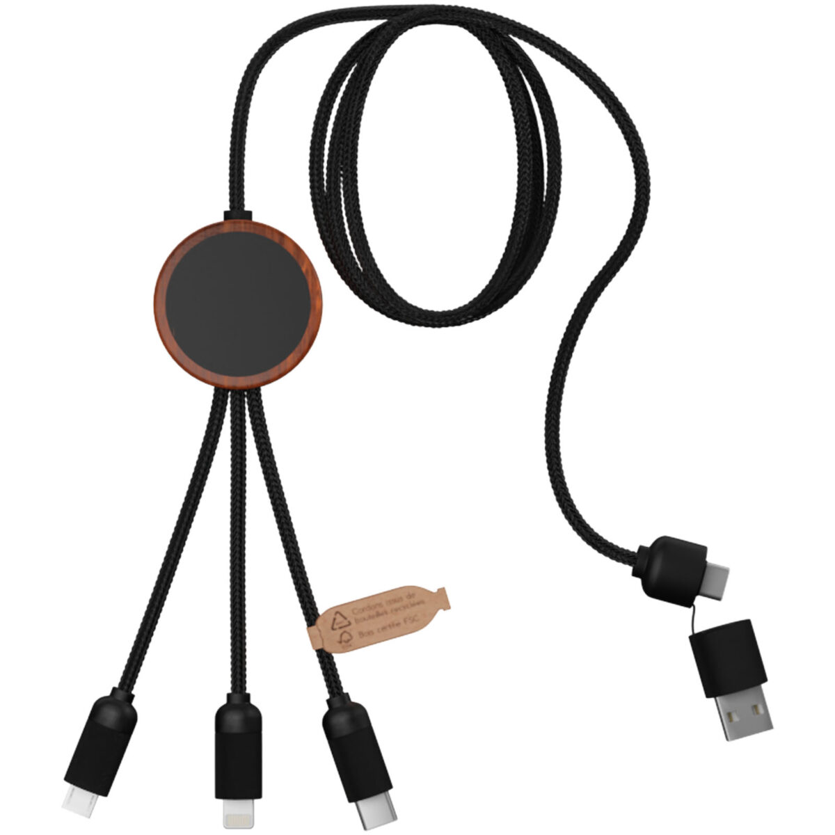 SCX.design C37 40W 5-in-1 rPET light-up logo charging cable with round wooden casing – Wood extra view