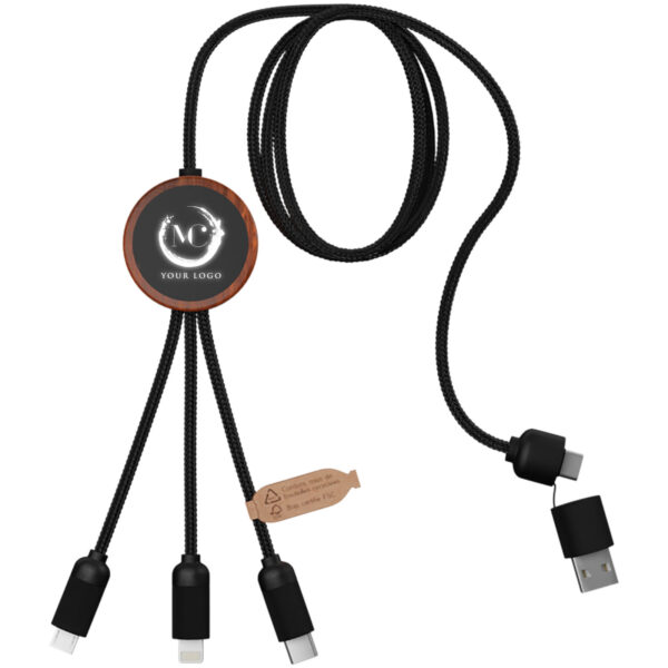 SCX.design C37 40W 5-in-1 rPET light-up logo charging cable with round wooden casing – Wood with logo