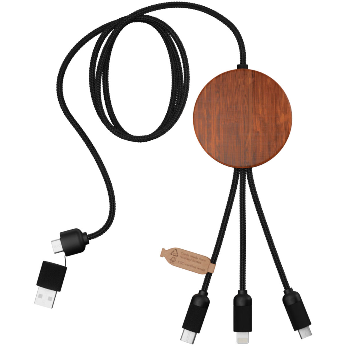 SCX.design C40 5-in-1 rPET light-up logo charging cable and 10W charging pad – Wood back view