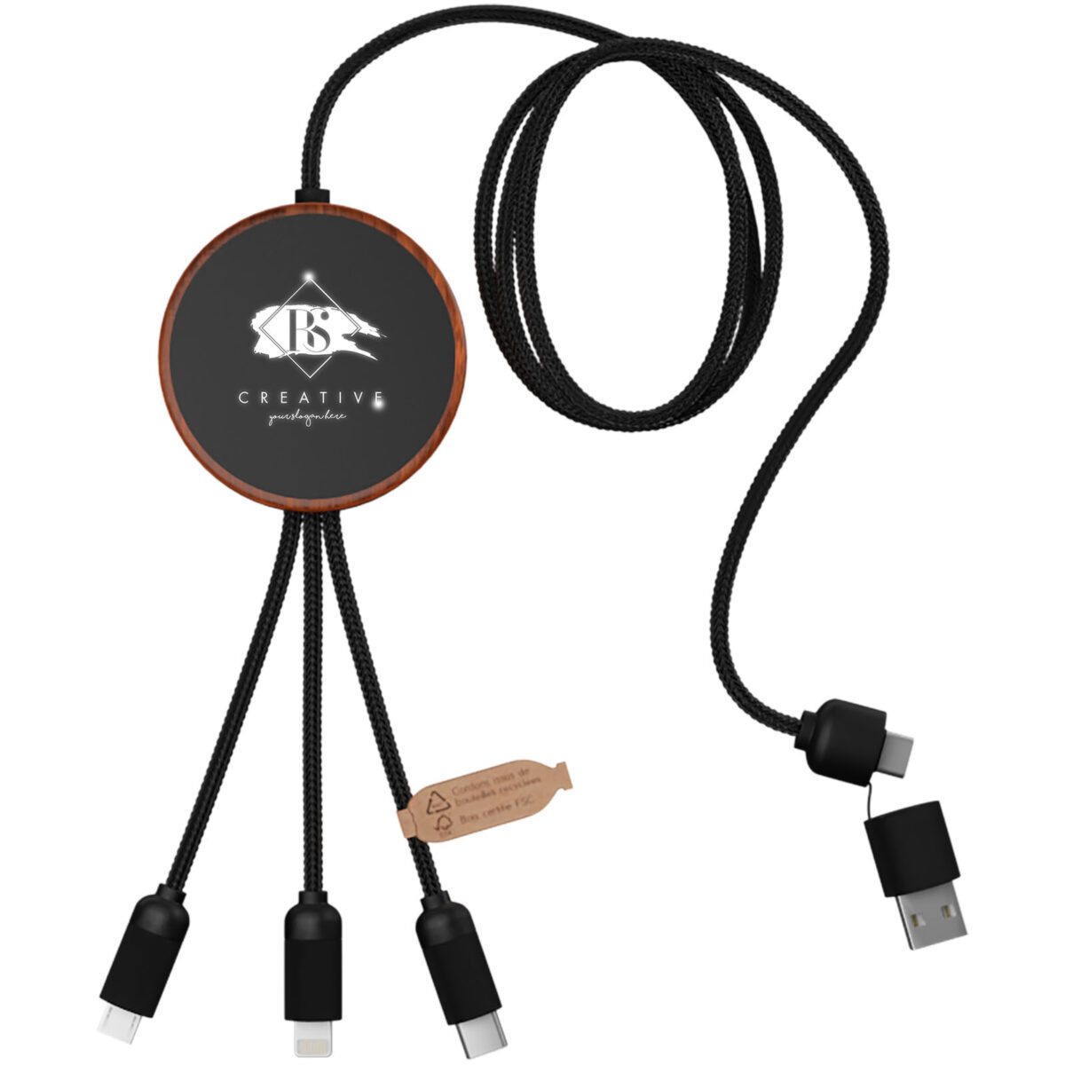 SCX.design C40 5-in-1 rPET light-up logo charging cable and 10W charging pad – Wood with logo