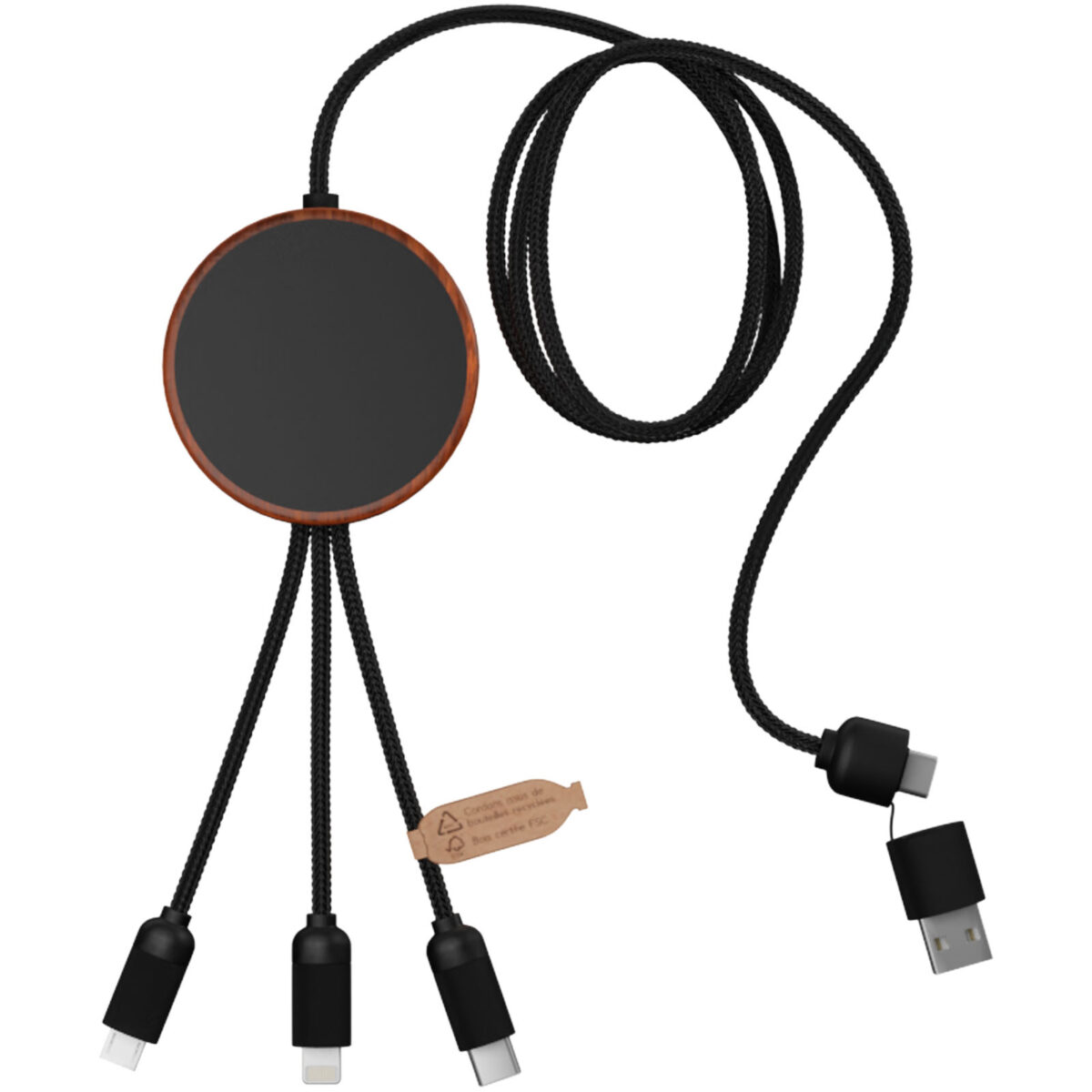 SCX.design C40 5-in-1 rPET light-up logo charging cable and 10W charging pad – Wood front view