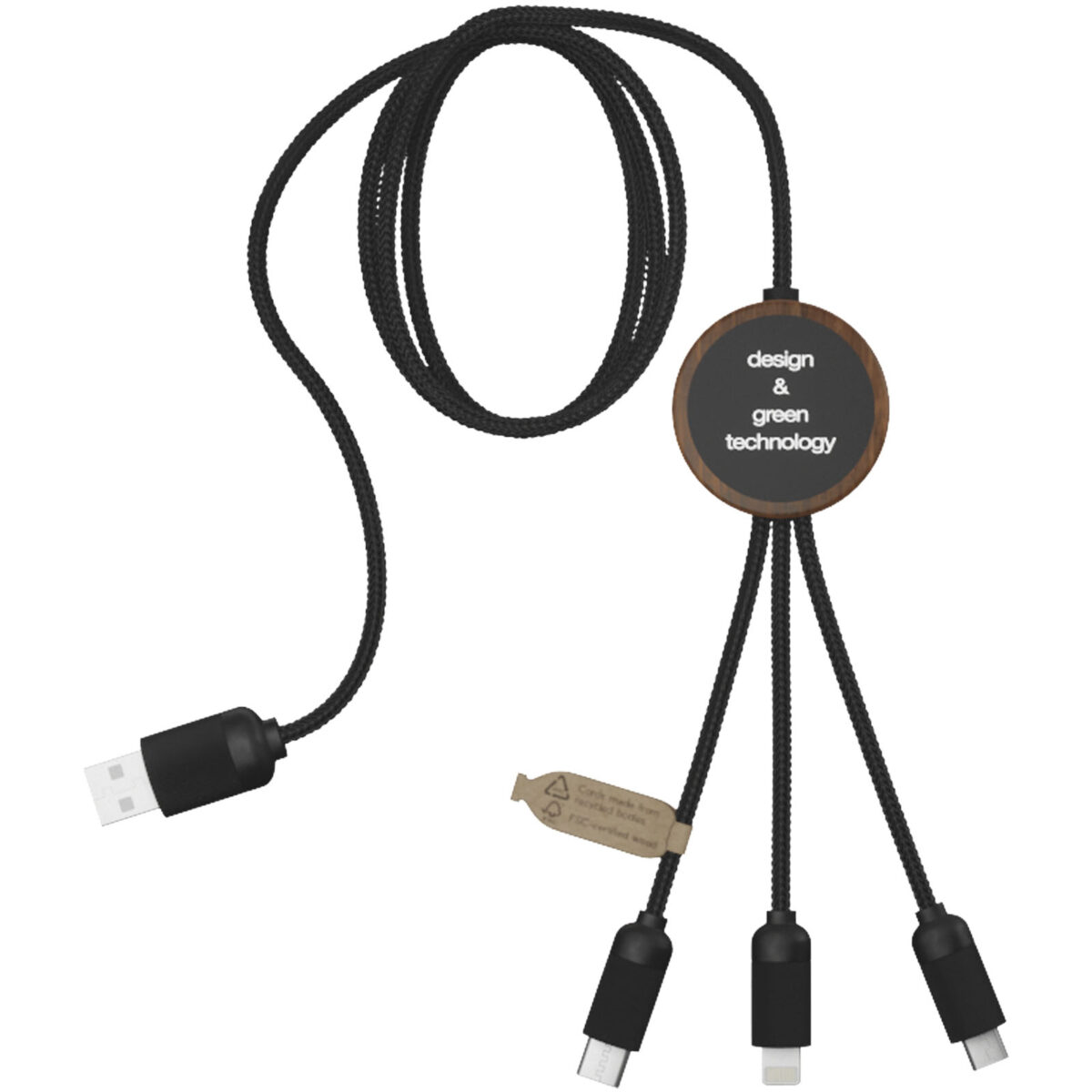 SCX.design C36 3-in-1 rPET light-up logo extended charging cable with round bamboo casing – Wood back view