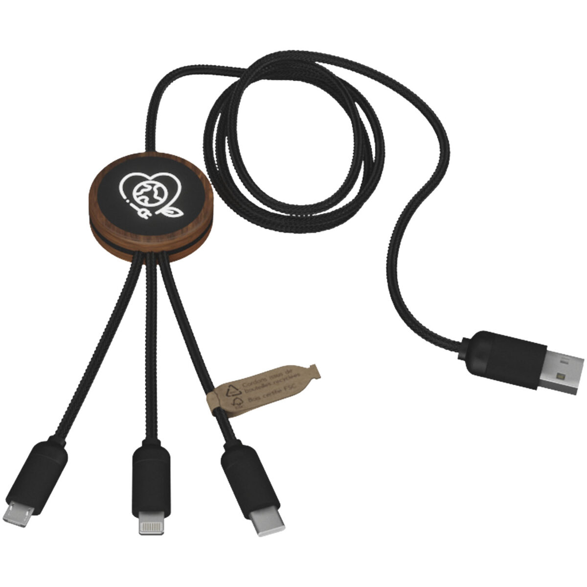 SCX.design C36 3-in-1 rPET light-up logo extended charging cable with round bamboo casing – Wood extra view