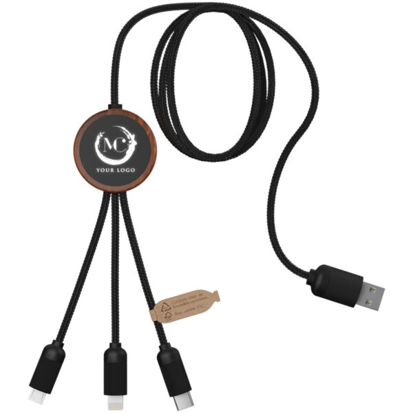 SCX.design C36 3-in-1 rPET light-up logo extended charging cable with round bamboo casing – Wood with logo