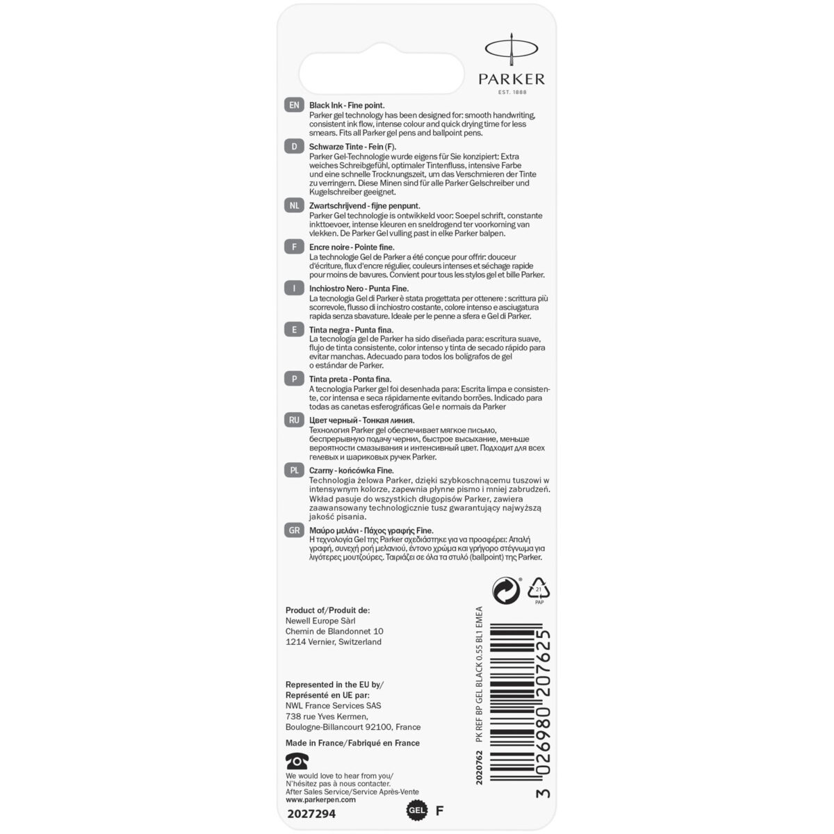 Parker Gel ballpoint pen refill (black ink) – Silver back view