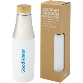 Hulan 540 ml copper vacuum insulated stainless steel bottle with bamboo lid – White with logo