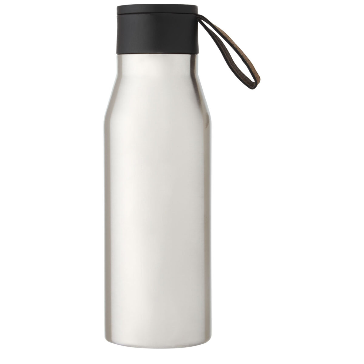 Ljungan 500 ml copper vacuum insulated stainless steel bottle with PU leather strap and lid – Silver front view