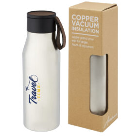 Ljungan 500 ml copper vacuum insulated stainless steel bottle with PU leather strap and lid – Silver with logo