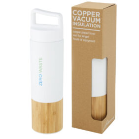 Torne 540 ml copper vacuum insulated stainless steel bottle with bamboo outer wall – White with logo