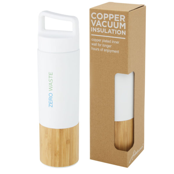 Torne 540 ml copper vacuum insulated stainless steel bottle with bamboo outer wall – White with logo